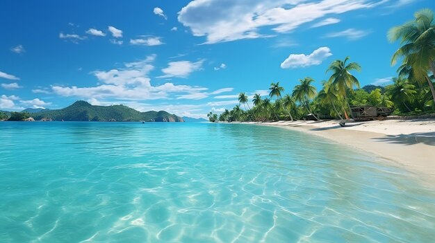 Toma panorámica del oasis tropical de la isla con palmeras y aguas azules