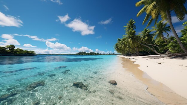 Toma panorámica del oasis tropical de la isla con palmeras y aguas azules