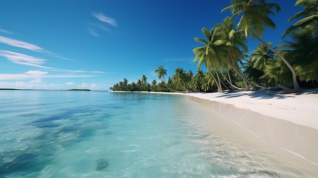 Toma panorámica del oasis tropical de la isla con palmeras y aguas azules