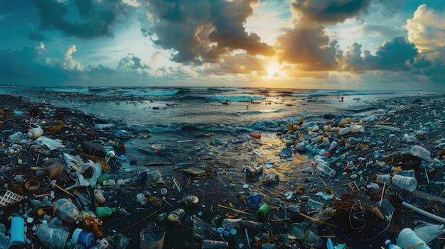 Foto una toma panorámica de una playa llena de desechos plásticos arrastrados a la orilla por un mar hirviendo que destaca la interconexión del cambio climático y la contaminación