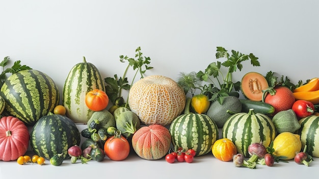 Foto una toma panorámica que captura la belleza natural de las sandías maduras melones y melones intercalados con una selección de verduras vibrantes todo exhibido contra un telón de fondo blanco sin costuras