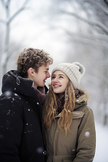 Toma de una pareja joven en la nieve creada con ai generativo