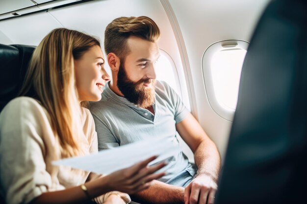 Toma de una pareja joven que planea sus viajes en un avión creado con IA generativa