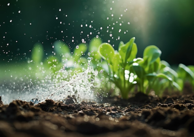 Una toma de primer plano abstracta de un bote de riego que llueve agua sobre un lecho de verduras recién plantadas