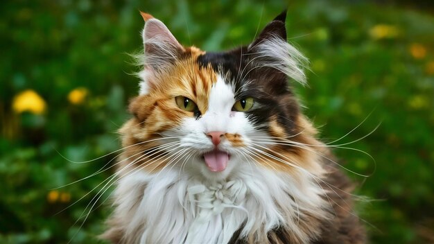 Una toma de primer plano aislada de un gato calico de pelo largo guiñando el ojo a la cámara con la lengua afuera