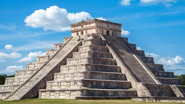 Toma un primer plano de Chichen Itza en México bajo un cielo azul claro