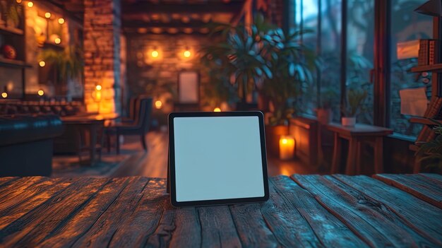 Una toma en primer plano de una tableta con una pantalla en blanco puesta contra un telón de fondo de oficina moderna listo para un