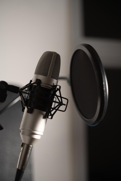 Una toma de primer plano vertical de un micrófono de un estudio de grabación