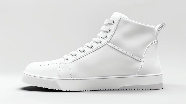 Una toma de producto minimalista de una zapatilla de hightop toda blanca y limpia sobre un fondo blanco a juego