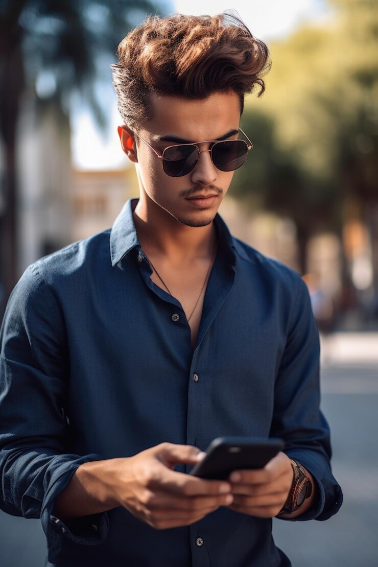 Toma recortada de un joven apuesto con gafas de sol enviando mensajes de texto a su teléfono celular