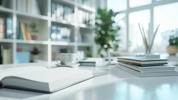 Toma recortada de mesa blanca con libros, papelería y espacio para copiar en una sala de estudio borrosa