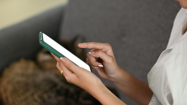 Toma recortada de mujer con teléfono móvil con pantalla en blanco mientras está sentada en el sofá de su casa moderna.