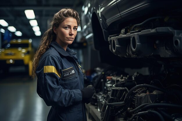 Toma de retrato de una mecánica trabajando debajo de un vehículo en un servicio de automóviles