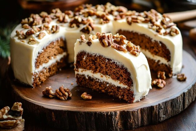 Una toma rústica de un pastel de zanahoria húmedo y condimentado adornado con glaseado de queso crema y nueces picadas