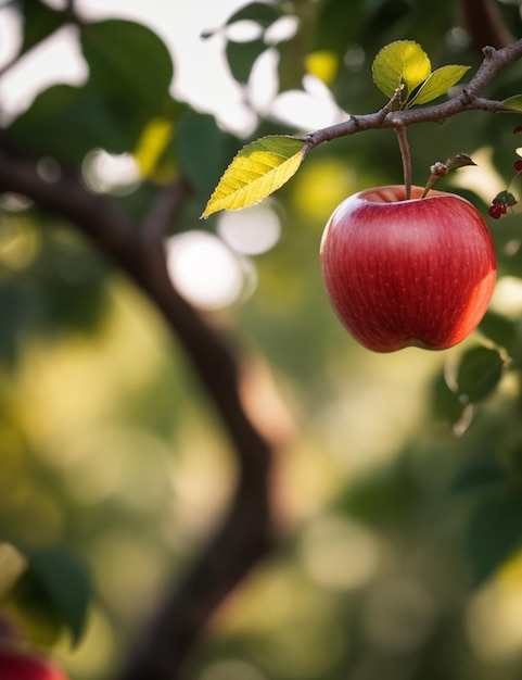 Toma selectiva de manzana unida a la rama durante el día