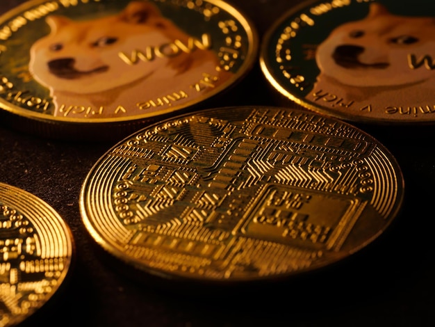 Toma selectiva de una moneda con un meme de perro Shiba Inu llamado "Doge" y un grabado "Wow" en él