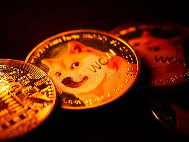 Toma selectiva de una moneda con un meme de perro Shiba Inu llamado "Doge" y un grabado "Wow" en él