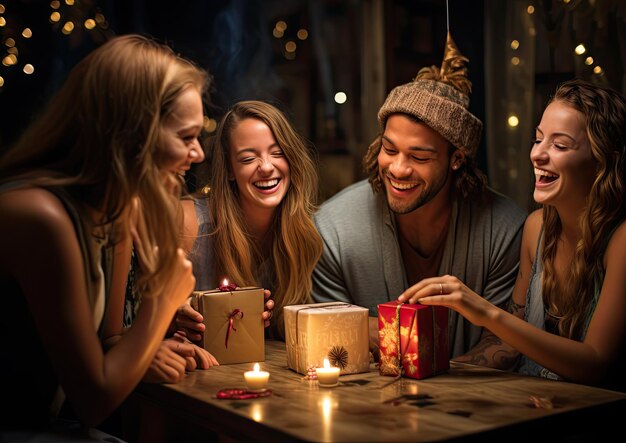 Una toma sincera de un grupo de amigos sentados alrededor de una mesa sus rostros iluminados con sonrisas genuinas