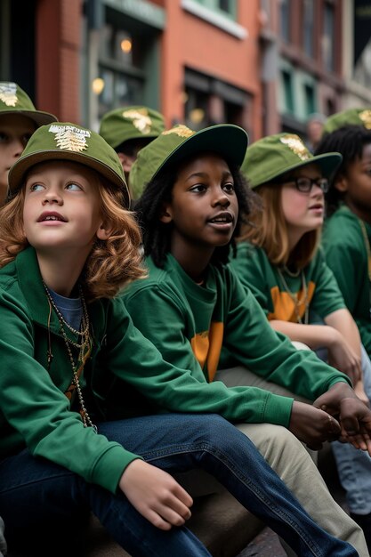 Una toma sincera de niños con sombreros verdes viendo un desfile