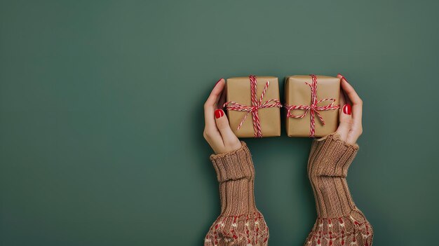 Foto una toma superior o vista de una mano de mujer con un dulce de invierno sosteniendo cajas de regalos coloridas con un gran espacio para el texto o el propósito de publicidad del producto ia generativa