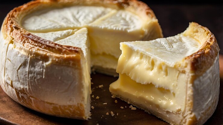 Una toma ultra cercana del cremoso queso Brie de textura de queso generado por Ai