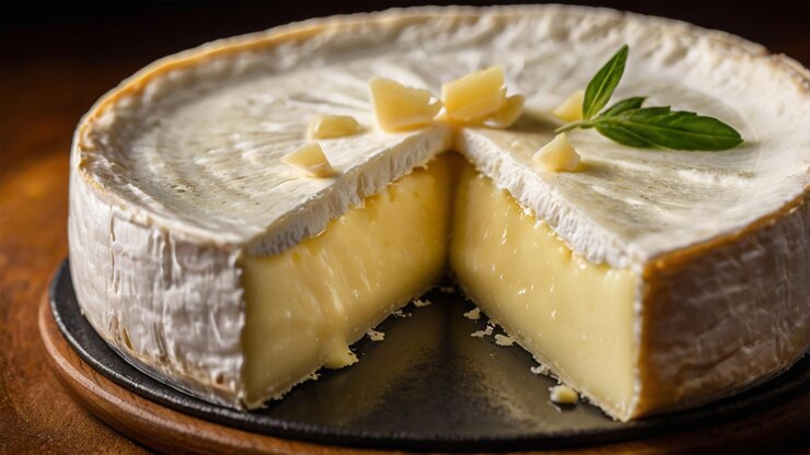 Una toma ultra cercana del cremoso queso Brie de textura de queso generado por Ai