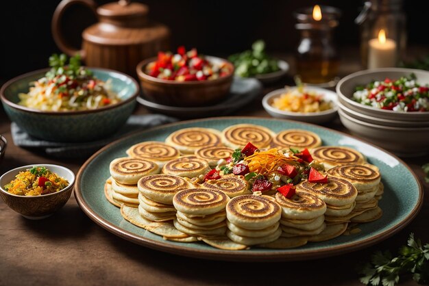 toma vertical de deliciosos panqueques de tofu veganos con frutas coloridas