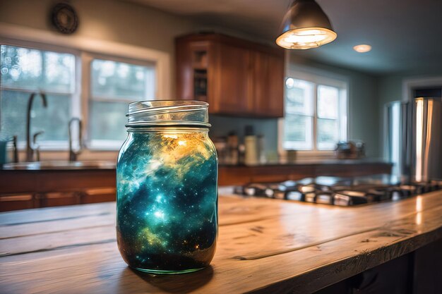 una toma vertical de un frasco de vidrio lleno de estrellas sobre una mesa de madera