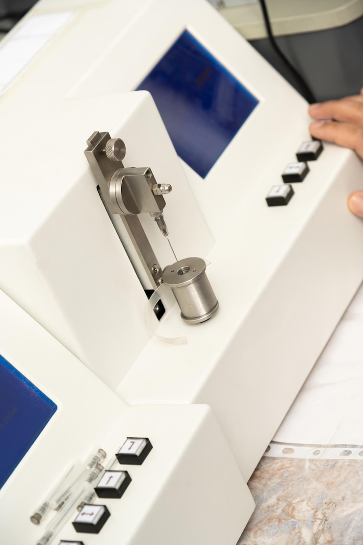 Foto una toma vertical de una mano usando una máquina médica para probar y fabricar jeringas farmacéuticas
