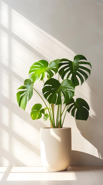 Toma vertical de una planta en una maceta blanca dentro de una habitación con luz natural ideal para la decoración de una habitación