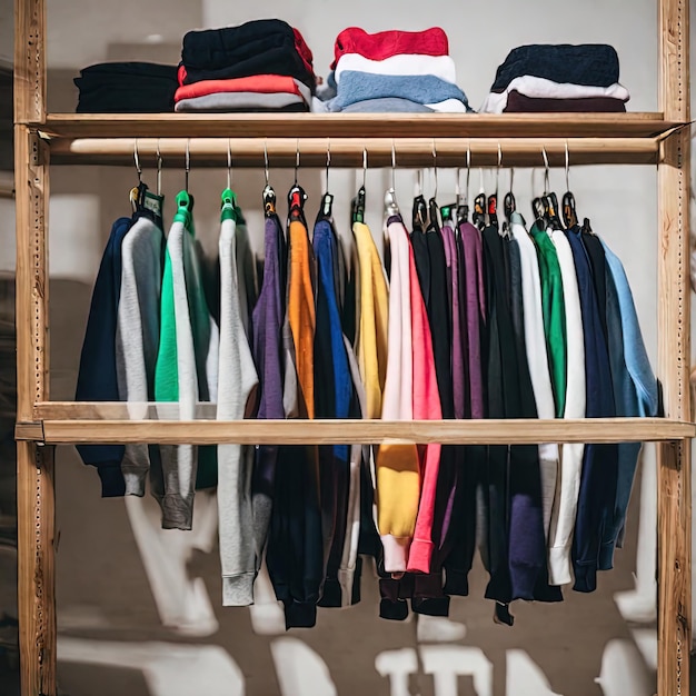 una toma vertical de ropa colgada en un armario, tienda de ropa en un estante