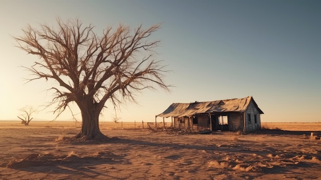 toma de una vieja casa abandonada en medio de un desierto cerca de un árbol sin hojas