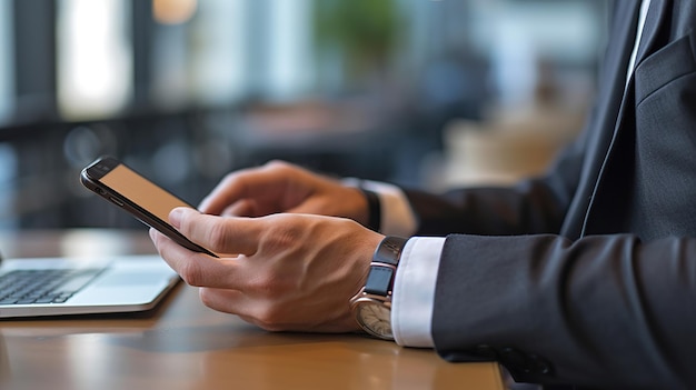 Toma de vista lateral de las manos de un hombre usando un teléfono inteligente en el interior IA generativa