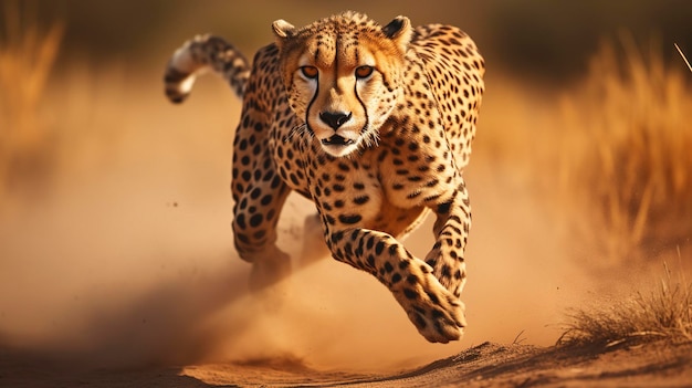 Una toma visualmente atractiva de un guepardo en movimiento que muestra su velocidad y elegancia.