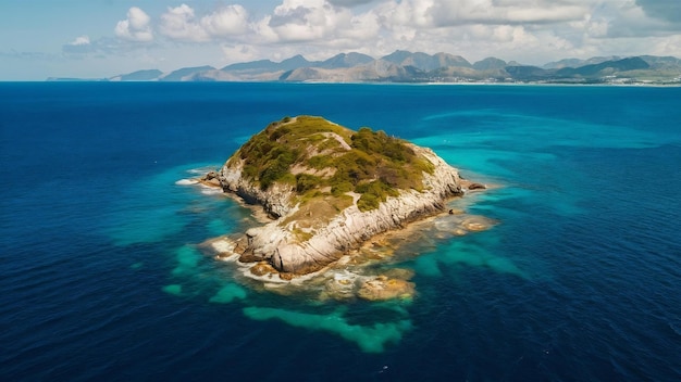 Tomada aérea de un dron de una pequeña isla rocosa en el hermoso océano azul