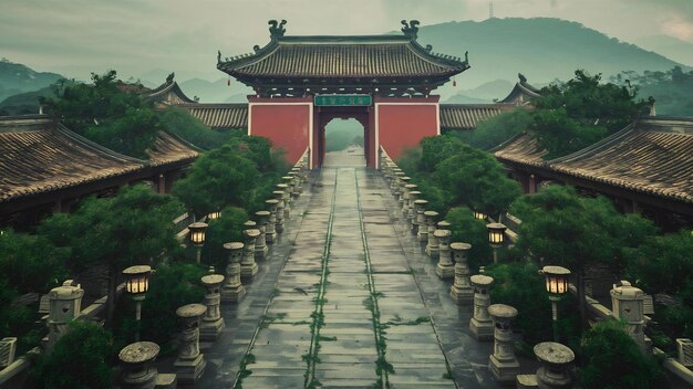 Foto tomada amplia de un camino de puerta roja de un templo chino