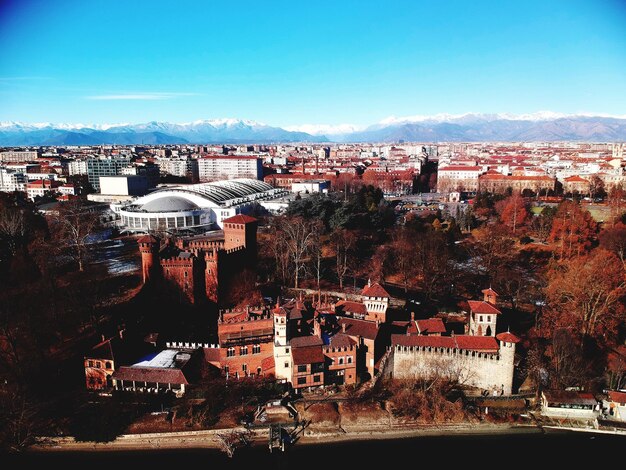 Foto tomada de ángulo alto del paisaje de la ciudad contra el cielo