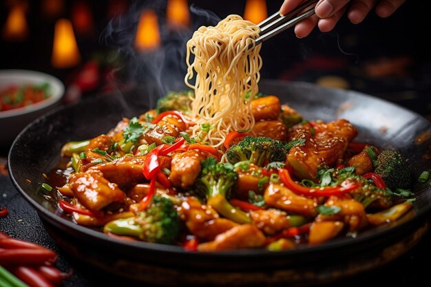 Foto tomada de ángulo alto de un wok lleno de pollo bok choy y setas shiitake