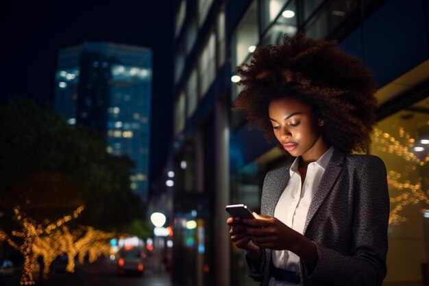 Tomada de ángulo amplio de una joven ejecutiva de negocios afroamericana usando un teléfono móvil con fondo