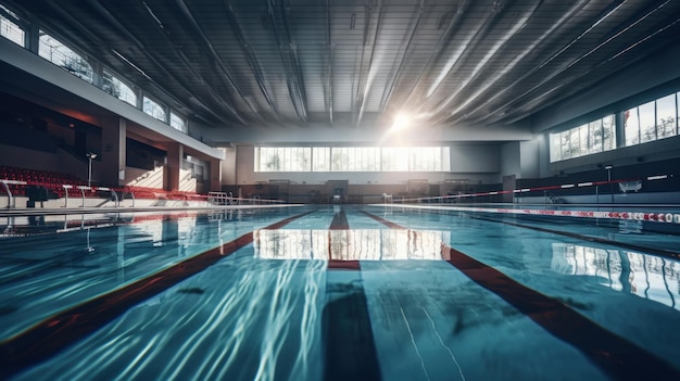 Foto tomada de ángulo amplio de una piscina perfecta sin personas en un evento deportivo