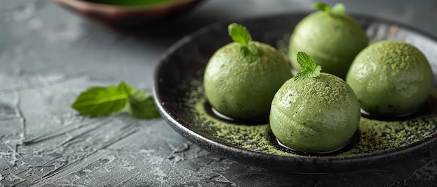 Tomada de cerca de un apetitoso sabor japonés de daifuku matcha o un postre con un gran espacio para texto o publicidad de producto IA generativa