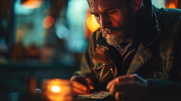 Tomada de cerca de un hombre jugando a las cartas por la noche en un bar IA generativa