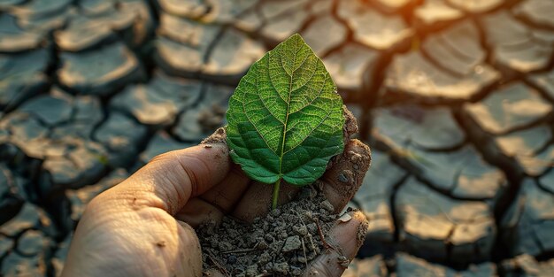 Foto tomada de cerca de una mano de hombre no reconocida sosteniendo una hoja verde sobre una tierra seca y áspera con un gran espacio para el texto o un telón de fondo ia generativa