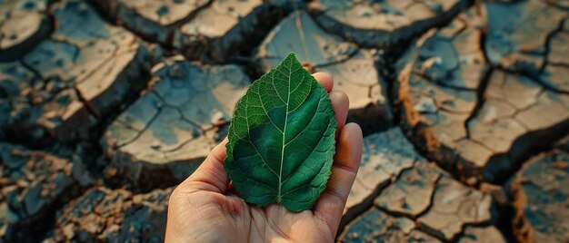 Foto tomada de cerca de una mano de hombre no reconocida sosteniendo una hoja verde sobre una tierra seca y áspera con un gran espacio para el texto o un telón de fondo ia generativa