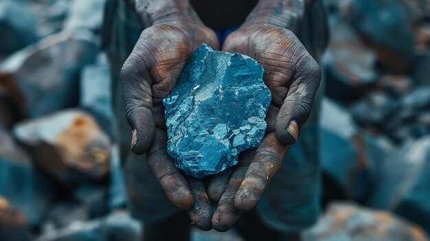Tomada de cerca de una mano de minero sosteniendo un pedazo de cobalto en bruto con un fondo borroso y espacio para texto o producto IA generativa