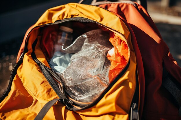 Foto tomada de cerca de una mochila de mochileros con una vejiga de agua visible en el interior