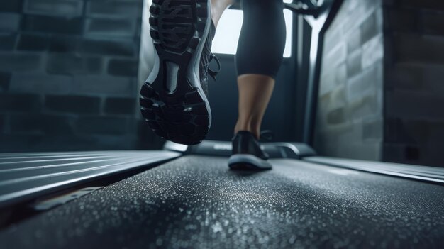 Foto tomada de cerca de la pierna de una mujer corriendo en un gimnasio en una cinta de correr para hacer ejercicio, acondicionamiento físico y una vida saludable