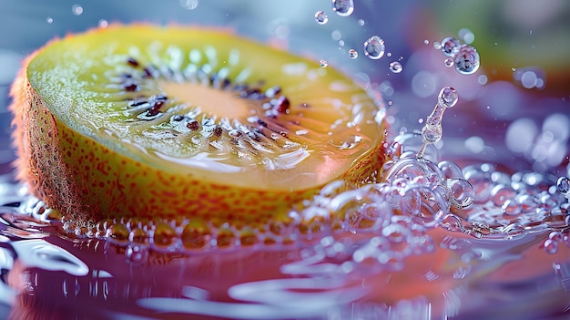 Foto tomada de cerca de una rodaja de una fruta de kiwi en agua con salpicaduras de agua y espacio para texto o publicidad de producto ia generativa