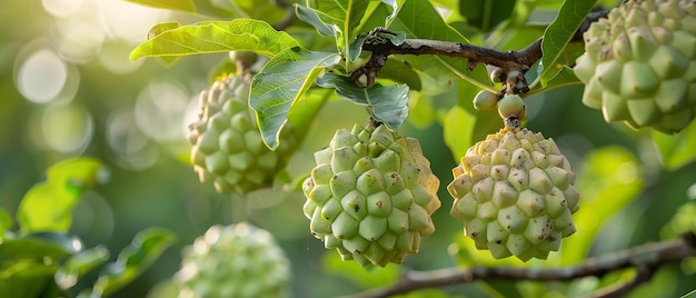 Tomada cercana de manzana de crema o manzana de azúcar colgada en un árbol con un gran telón de fondo de naturaleza borrosa con un gran espacio para texto o anuncio de producto IA generativa