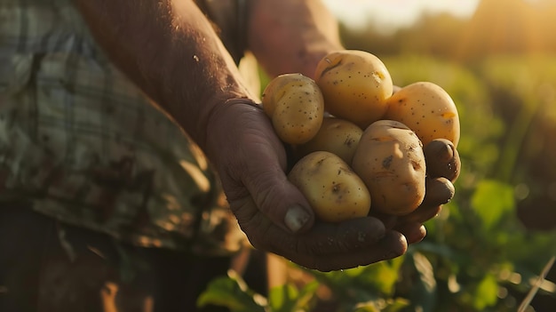 Tomada cinematográfica de cerca de las manos de los agricultores maduros que muestran un montón de patatas crudas frescas h IA generativa